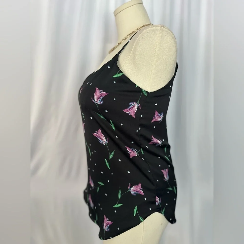 Tahari Floral Satin Cami Top Black Pink Lily Print V-Neck Spaghetti strap (1066)
